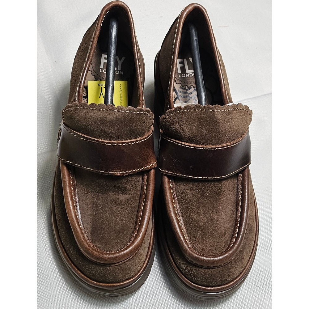 FLY LONDON WEND764FLY Brown‎ Suede Leather Platform Loafer Shoes Women's 35 US 5